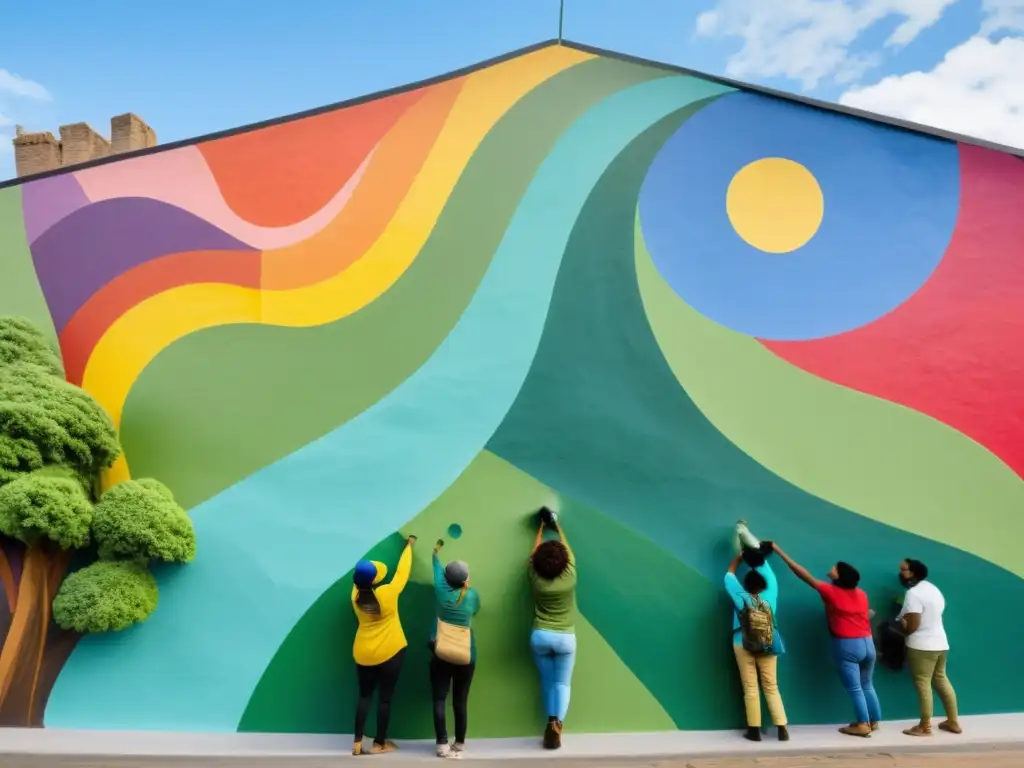 Activistas crean mural urbano con colores vibrantes y detalles intrincados, expresiones artísticas como activismo ambiental