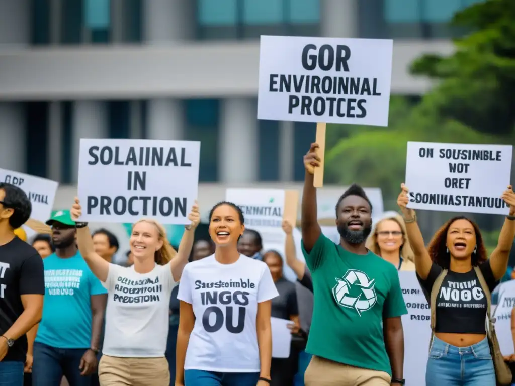 Activistas de ONGs ambientales protestan con pasión y determinación, mostrando carteles por la conservación del medio ambiente