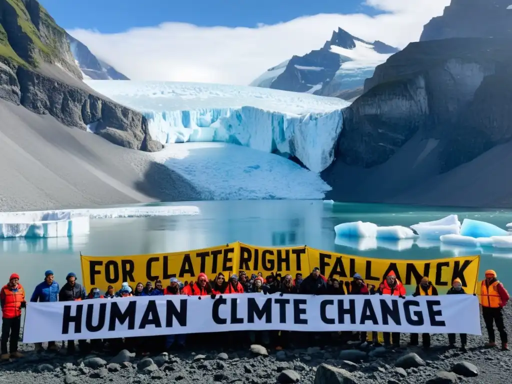 Activistas de ONGs frente a un glaciar derritiéndose, abogando por la protección de derechos humanos en medio del cambio climático