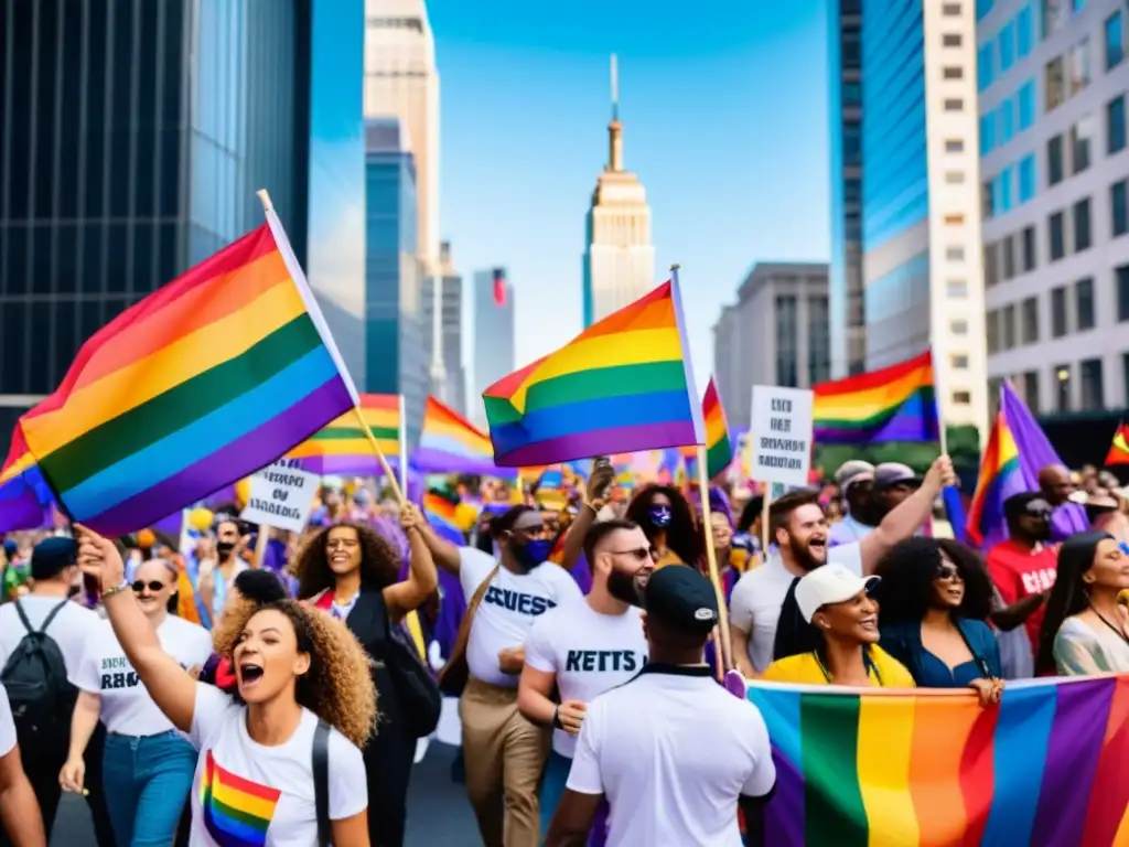 Activistas LGBTQ+ marchan con pancartas y banderas en un desfile del orgullo, mostrando su pasión y compromiso por los derechos y la igualdad