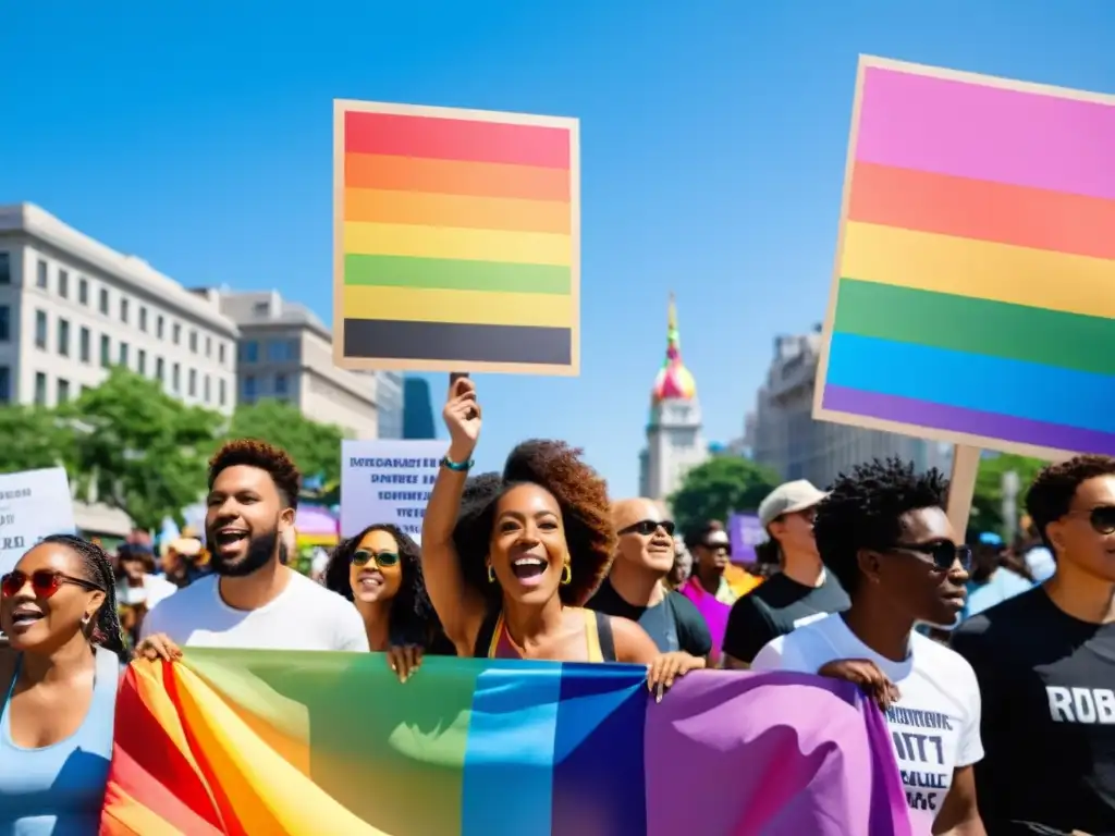 Activistas LGBTIQ+ marchan con pancartas coloridas en desfile por los derechos humanos globales