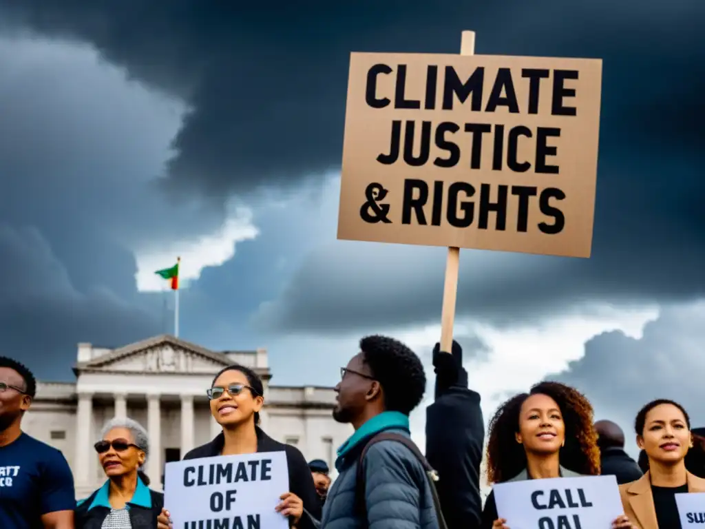 Activistas con pancartas sobre derechos humanos y justicia climática frente a edificio gubernamental, expresando determinación y urgencia