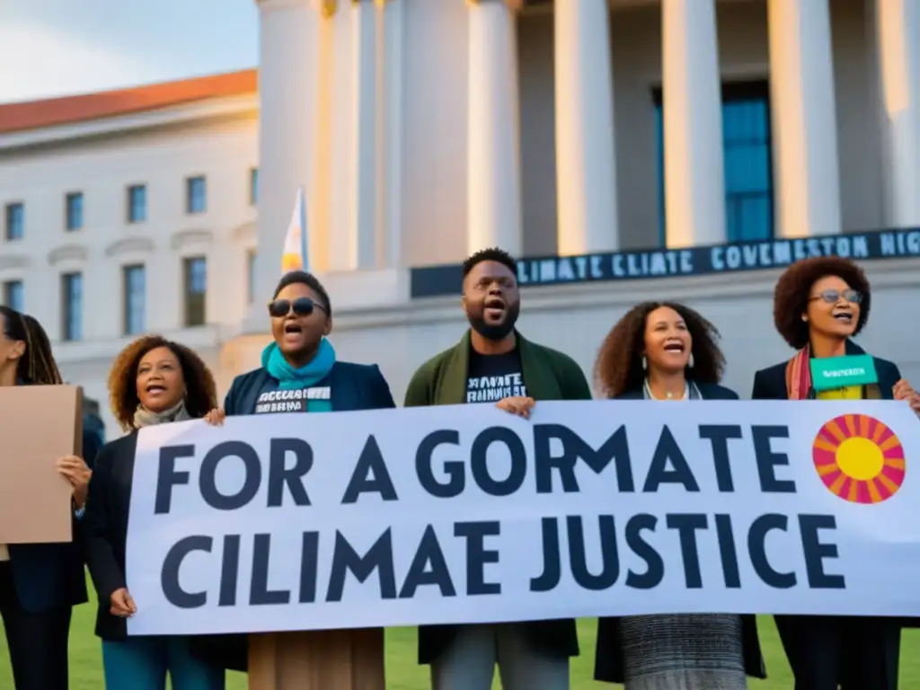 Activistas con pancartas por la justicia climática frente a un edificio gubernamental