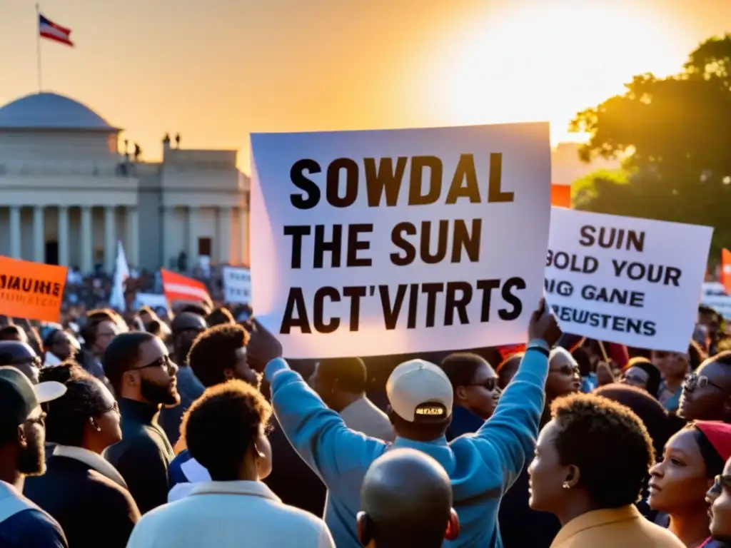 Activistas diversos sostienen pancartas en una plaza pública al atardecer, rodeados de seguidores, enérgicos y determinados