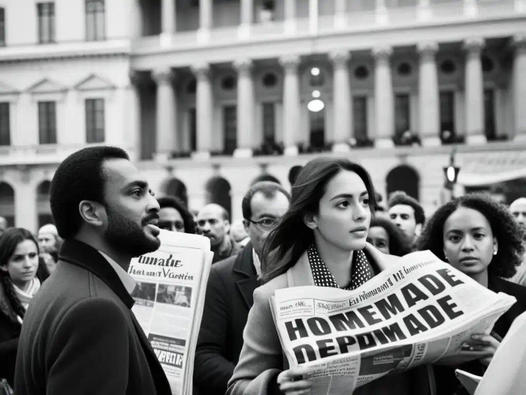 Activistas distribuyen periódicos en plaza llena, destacando la importancia de la prensa alternativa y derechos humanos