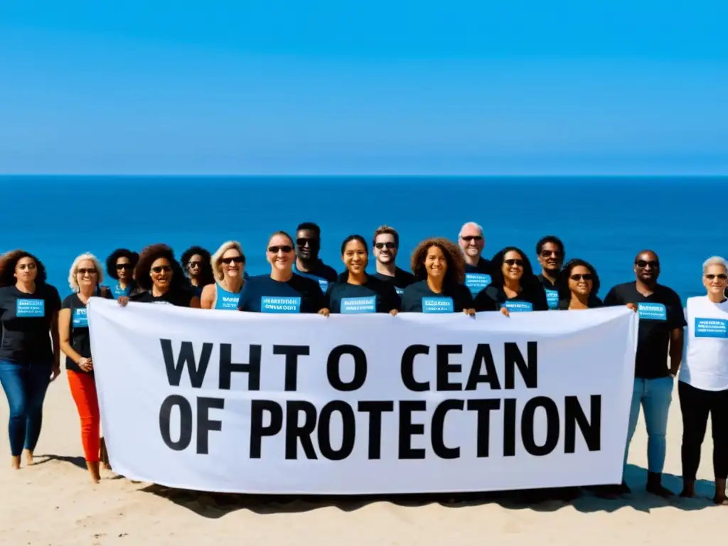 Activistas protestan en la playa por la protección de los derechos marítimos, mostrando su pasión y determinación