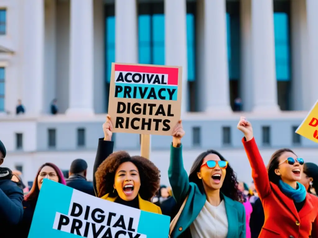 Manifestación de activistas por la privacidad digital y los derechos humanos frente a un edificio gubernamental