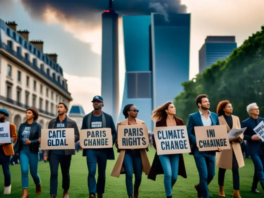 Activistas marchan en protesta por el cambio climático, expresando el impacto del Acuerdo de París en los derechos humanos