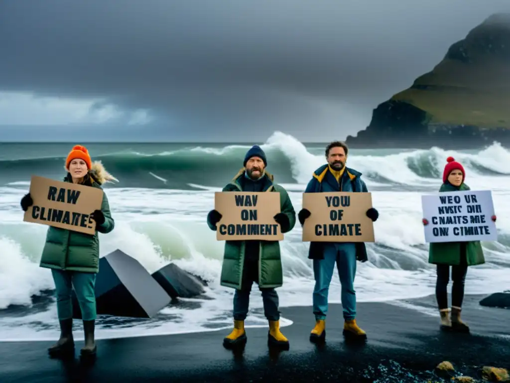 Activistas en remota costa luchando por el activismo climático en zonas riesgo, con mensajes impactantes y determinación frente a la adversidad