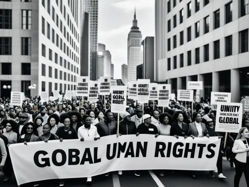 Activistas marchan unidos por Avances y desafíos en derechos humanos globales, mostrando determinación y pasión en sus ojos