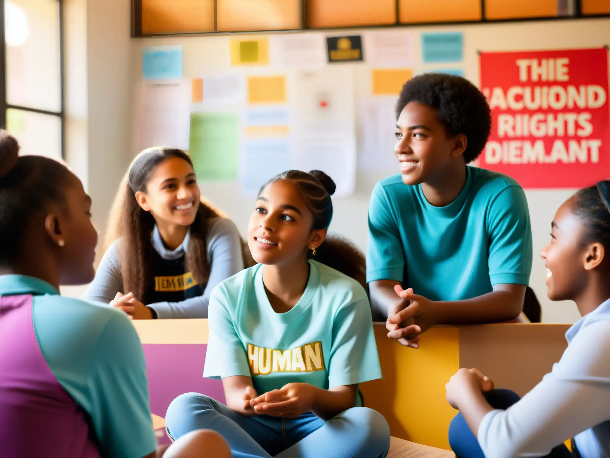 Adolescentes debatiendo sobre derechos humanos, rodeados de colores y luz