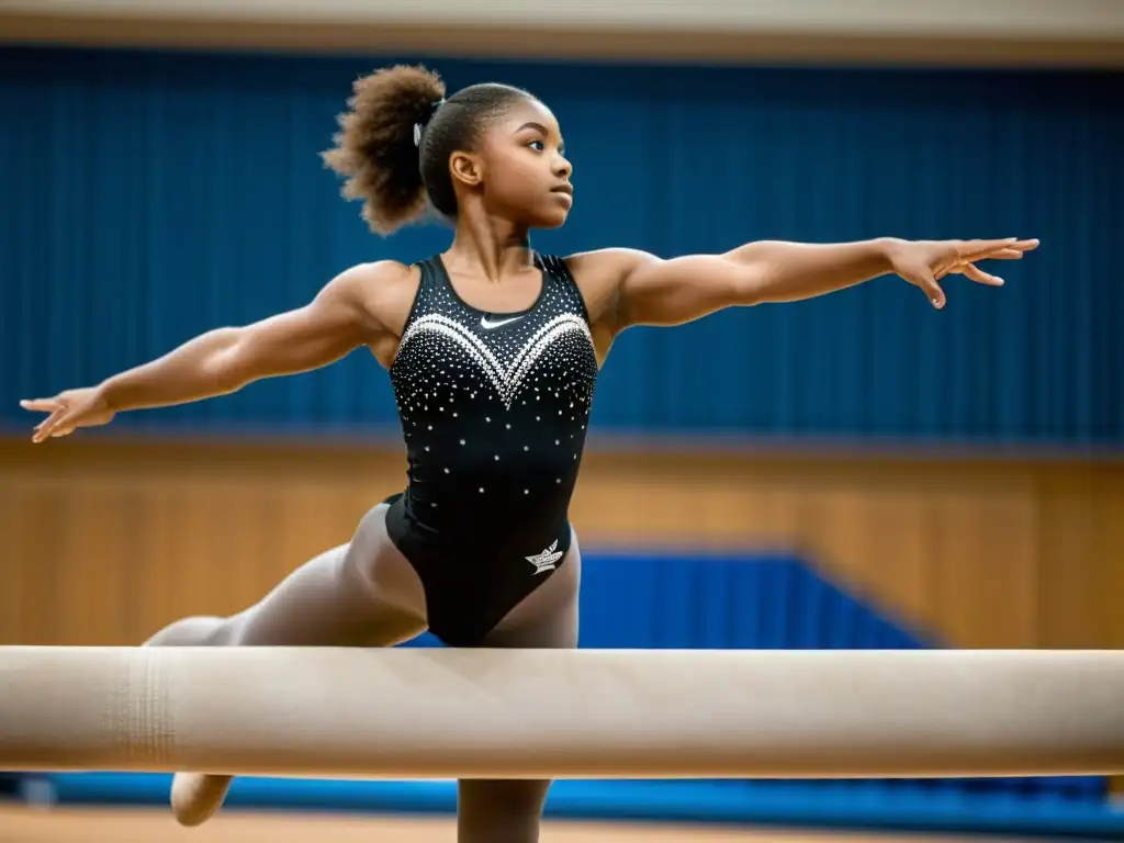 Adolescentes practicando gimnasia en un gimnasio iluminado, mostrando fuerza, flexibilidad y concentración