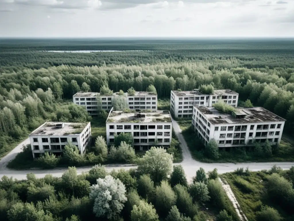 Una fotografía aérea en blanco y negro de la ciudad abandonada de Pripyat, rodeada por la desoladora quietud de la zona de exclusión