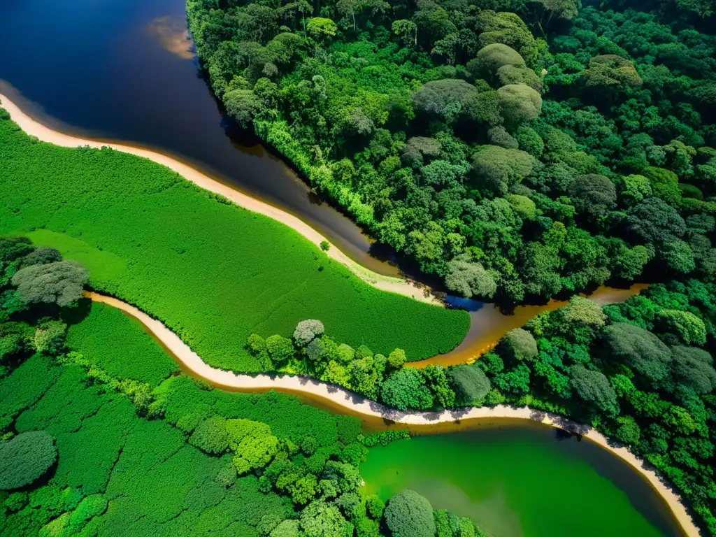 Una fotografía aérea de la exuberante selva amazónica en Ecuador, con ríos serpenteantes, densos dosel verdes y asentamientos indígenas