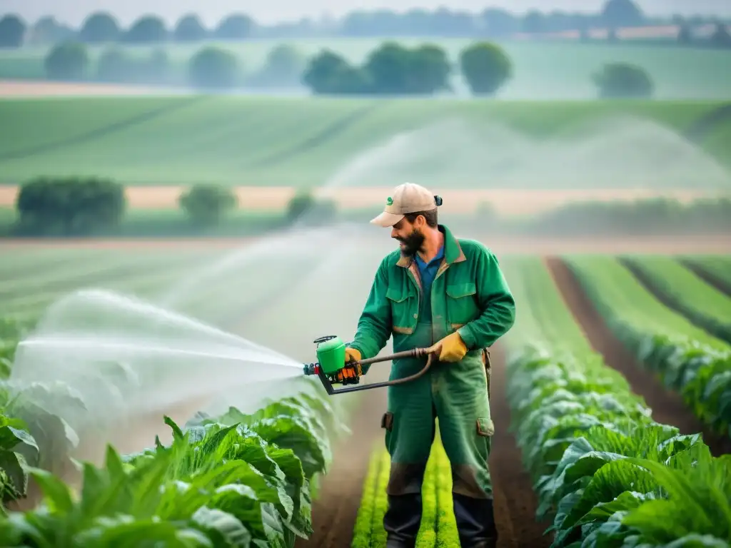 Un agricultor rocía agroquímicos en un campo, con una atmósfera neblinosa que refleja la intensidad de su trabajo y los derechos humanos globales