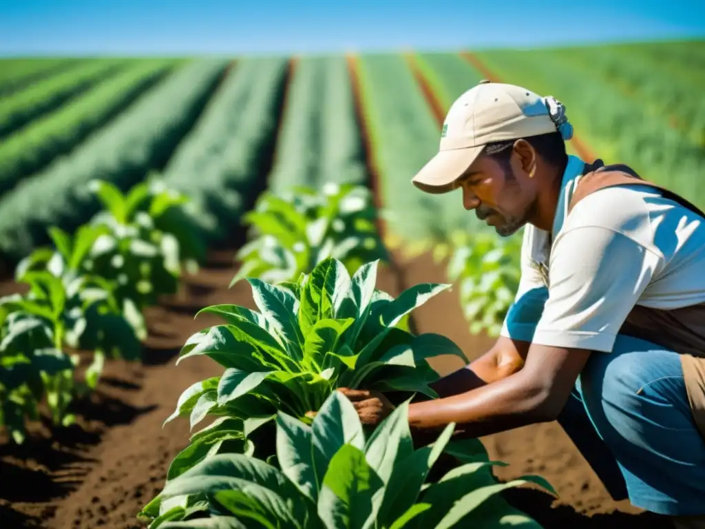 Un agricultor trabaja en un campo de cultivos bajo el sol, con sudor en la frente