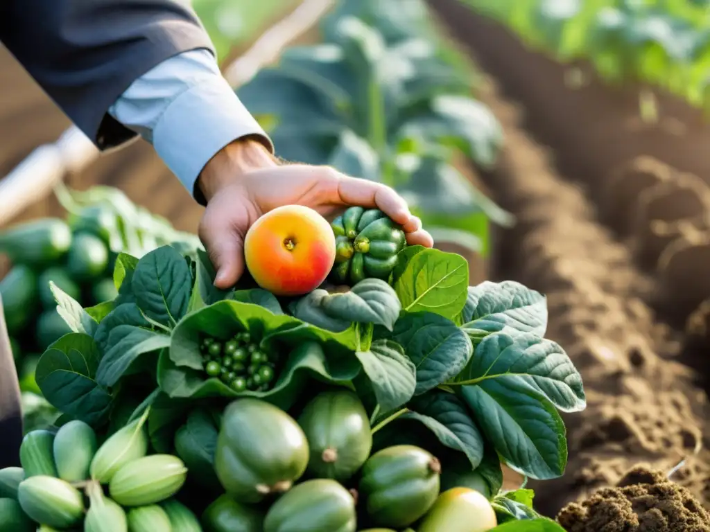 Un agricultor examina cosechas tradicionales, destacando el impacto de la globalización en la seguridad alimentaria