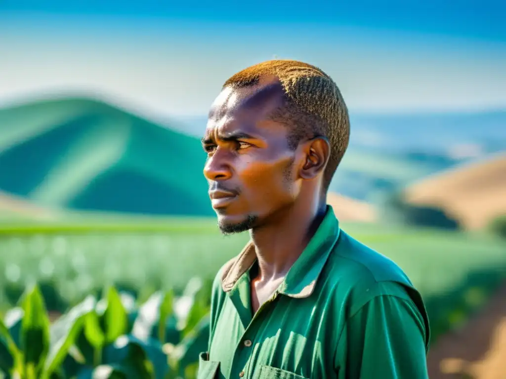 Un agricultor trabaja con determinación bajo el sol, con cultivos verdes y un cielo azul de fondo