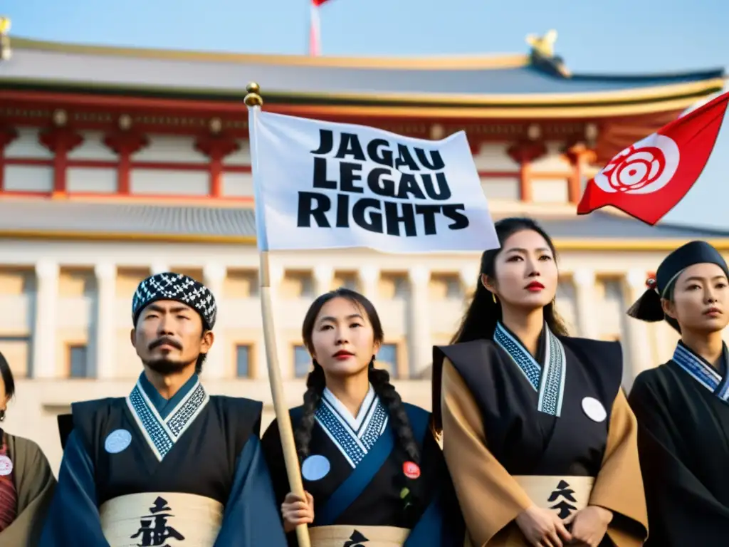 Ainu activistas luchando por el reconocimiento legal de los derechos humanos Ainu frente al parlamento japonés