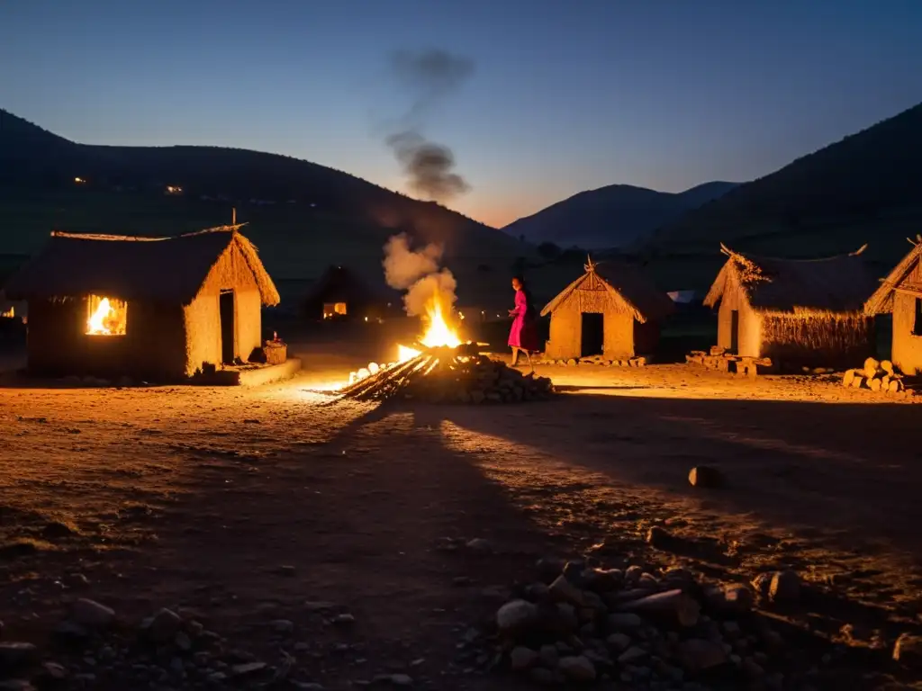 Una aldea rural al anochecer, con casas tenues iluminadas y el brillo cálido de velas y fogatas