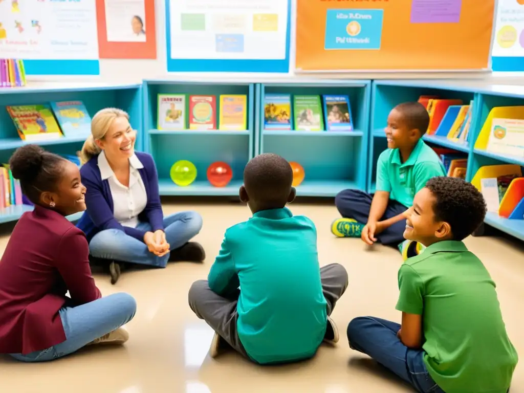 Un alegre círculo de niños de diferentes edades discutiendo en un aula luminosa