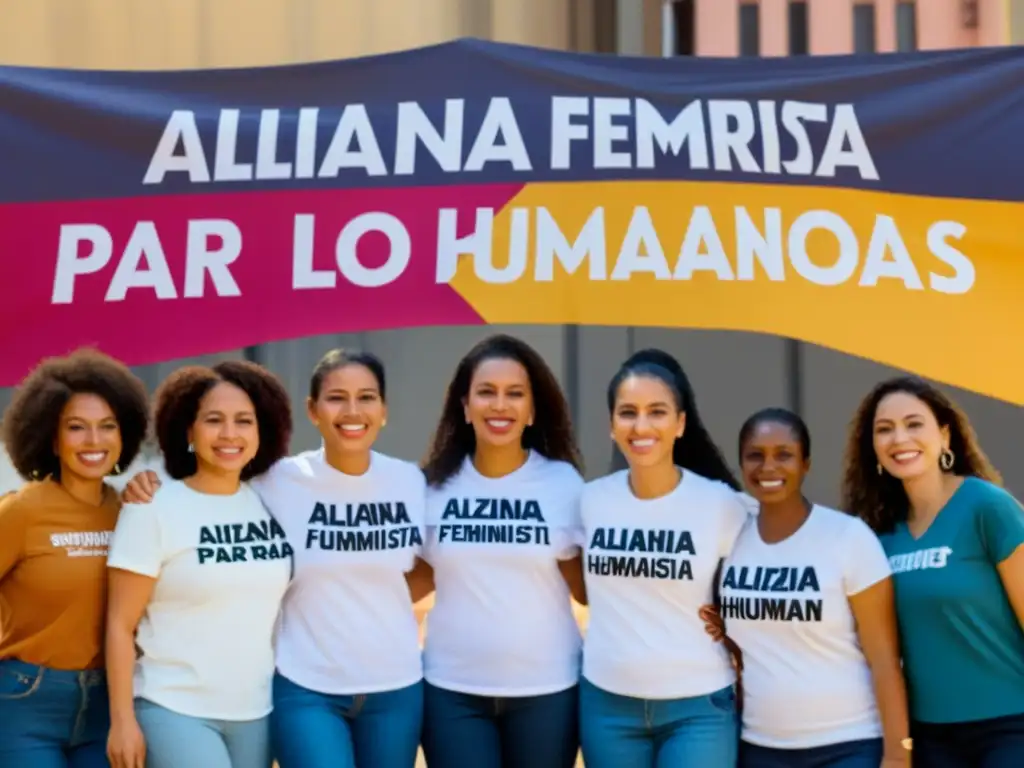 Alianza feminista para los derechos humanos: mujeres diversas unidas, llenas de determinación, en un escenario urbano, simbolizando el impacto transformador del activismo colectivo por los derechos humanos