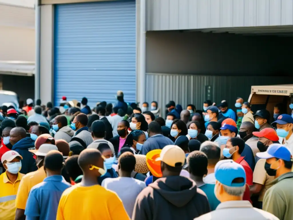 Distribución de alimentos en pandemia: largas filas de personas esperando ayuda, voluntarios y trabajadores distribuyendo paquetes de comida, expresiones de determinación y preocupación