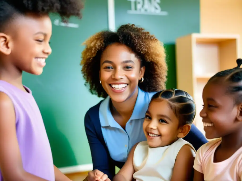 Un ambiente escolar inclusivo y de apoyo donde niños diversos, incluyendo niños trans, juegan y aprenden juntos, reconociendo derechos niños transgénero