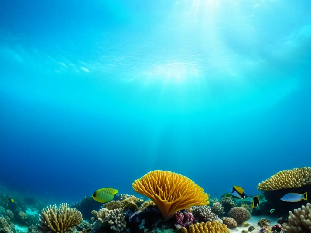 Amenaza de la acidificación oceánica: un arrecife de coral vibrante y diverso, con peces coloridos y formaciones de coral, en aguas cristalinas