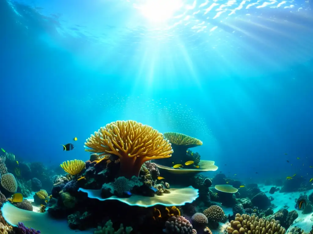 Amenaza de la acidificación oceánica: Impresionante arrecife de coral con vida marina vibrante y saludable, iluminado por el sol en aguas cristalinas