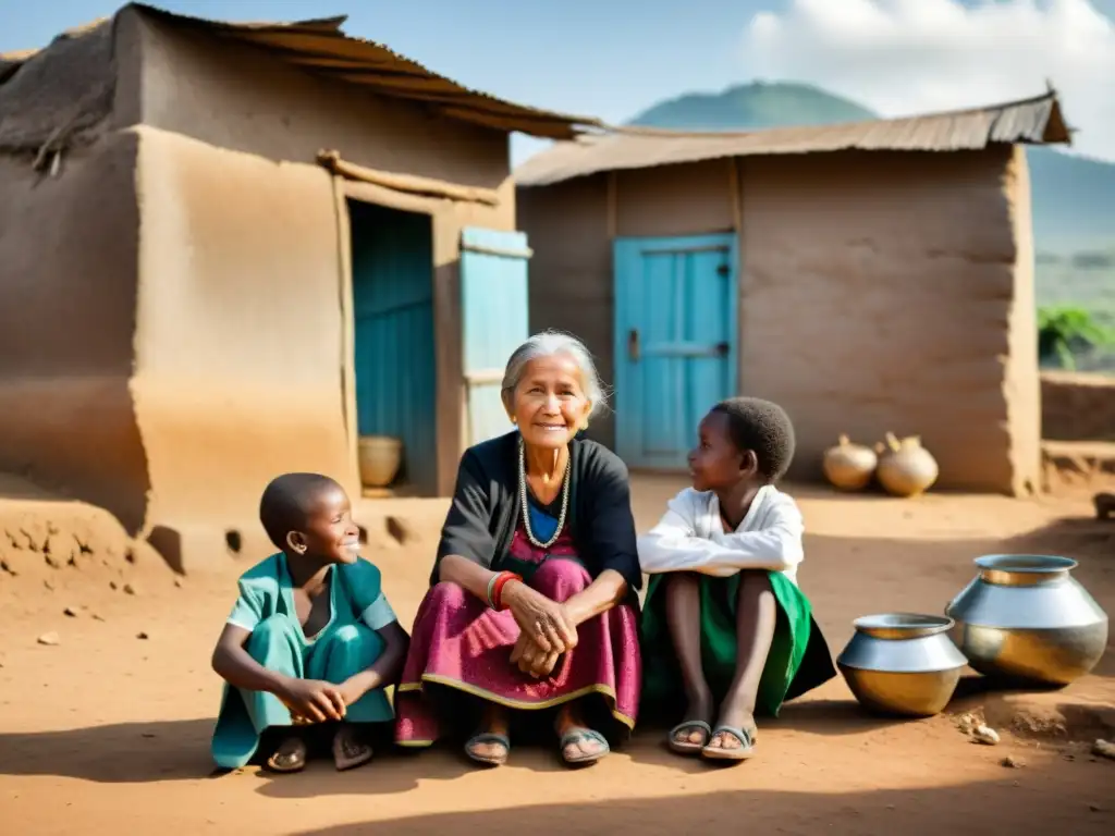 Una anciana en una aldea rural con sus nietos, mientras cooperación internacional en derechos humanos brinda ayuda médica y educativa