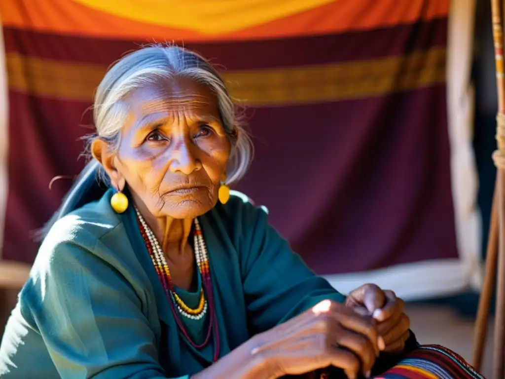 Una anciana artesana indígena teje un tapiz tradicional con hilos vibrantes, iluminada por cálida luz dorada