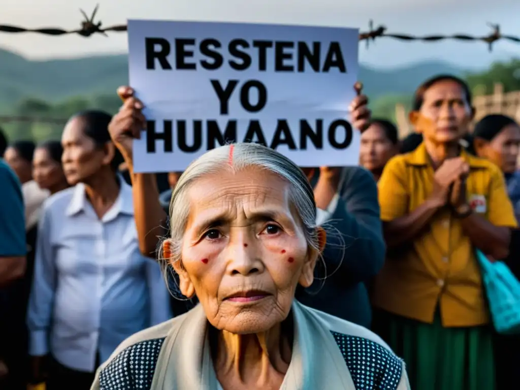 Una anciana birmana en un longyi frente a una valla de alambre de púas, sosteniendo un letrero que dice 'Resistencia y lucha por los derechos humanos'