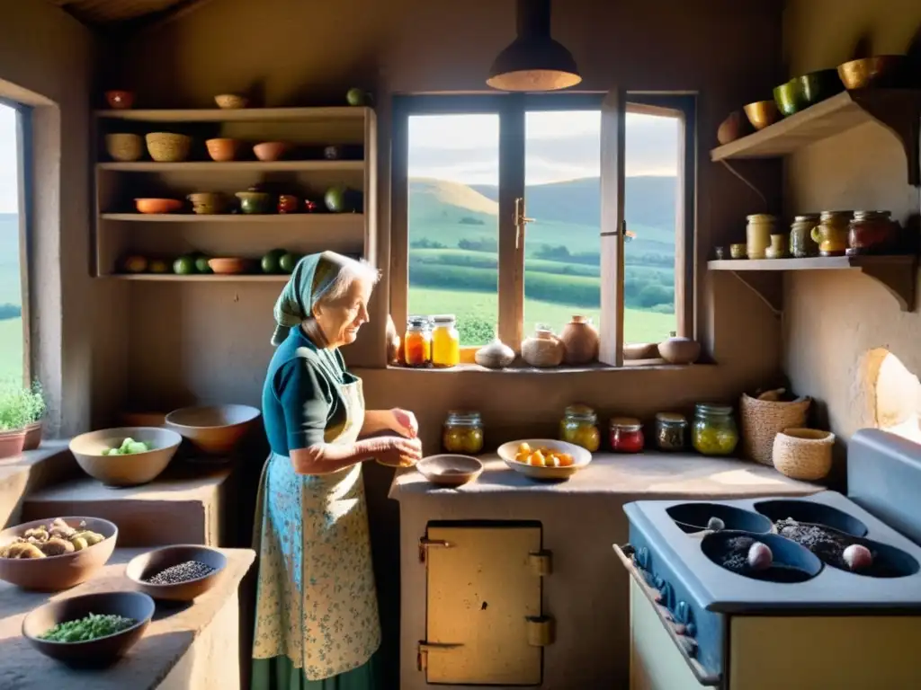 Una anciana cosiendo en la cocina de una casa rural tras el telón de acero, rodeada de conservas y un paisaje de colinas