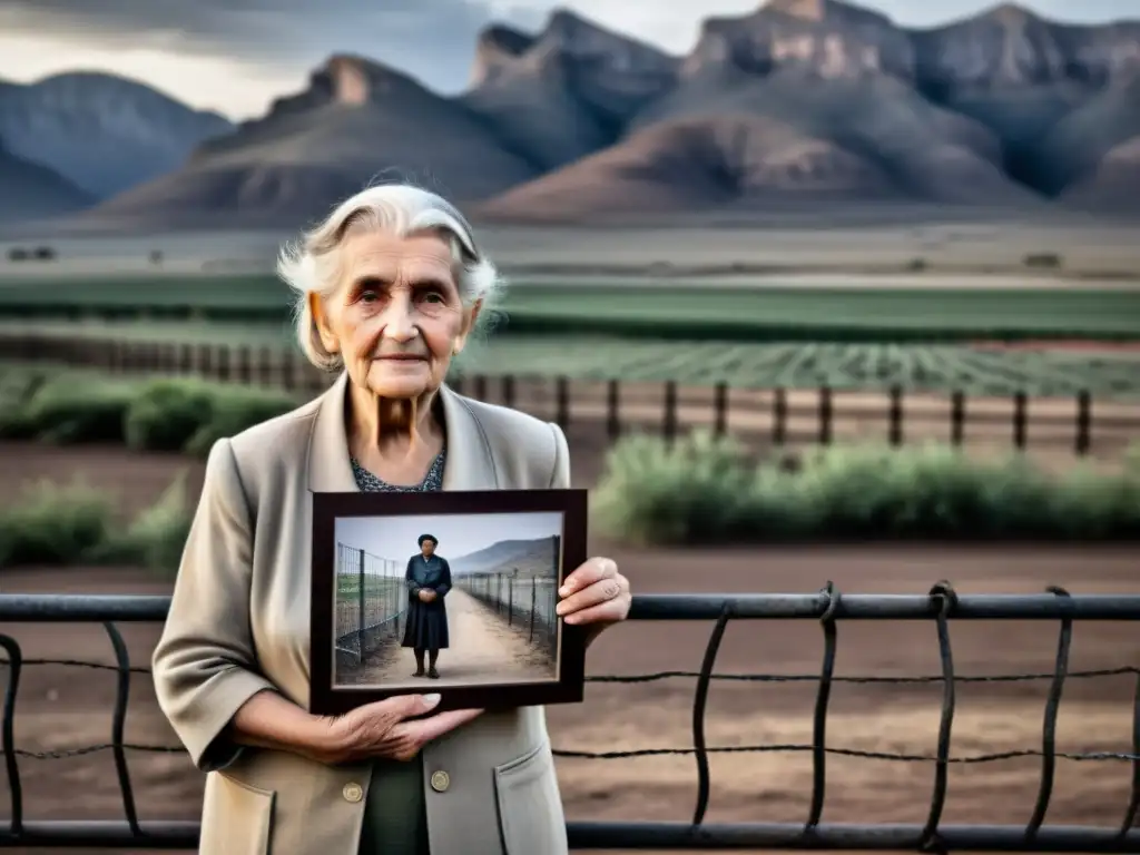 Una anciana sostiene una fotografía desgastada de una niña con determinación y esperanza, frente a una alambrada, simbolizando la lucha por los derechos humanos y el derecho internacional en un paisaje desolado pero resiliente