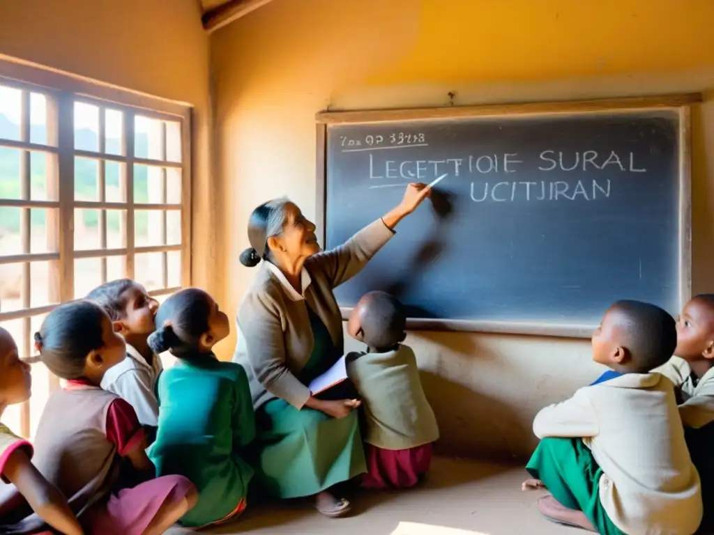 Una anciana enseña a escribir a niños en una aula rural