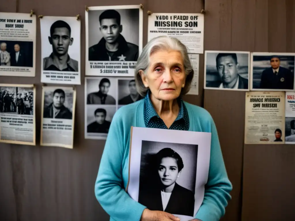 Una anciana sostiene una foto de su hijo desaparecido, rodeada de carteles