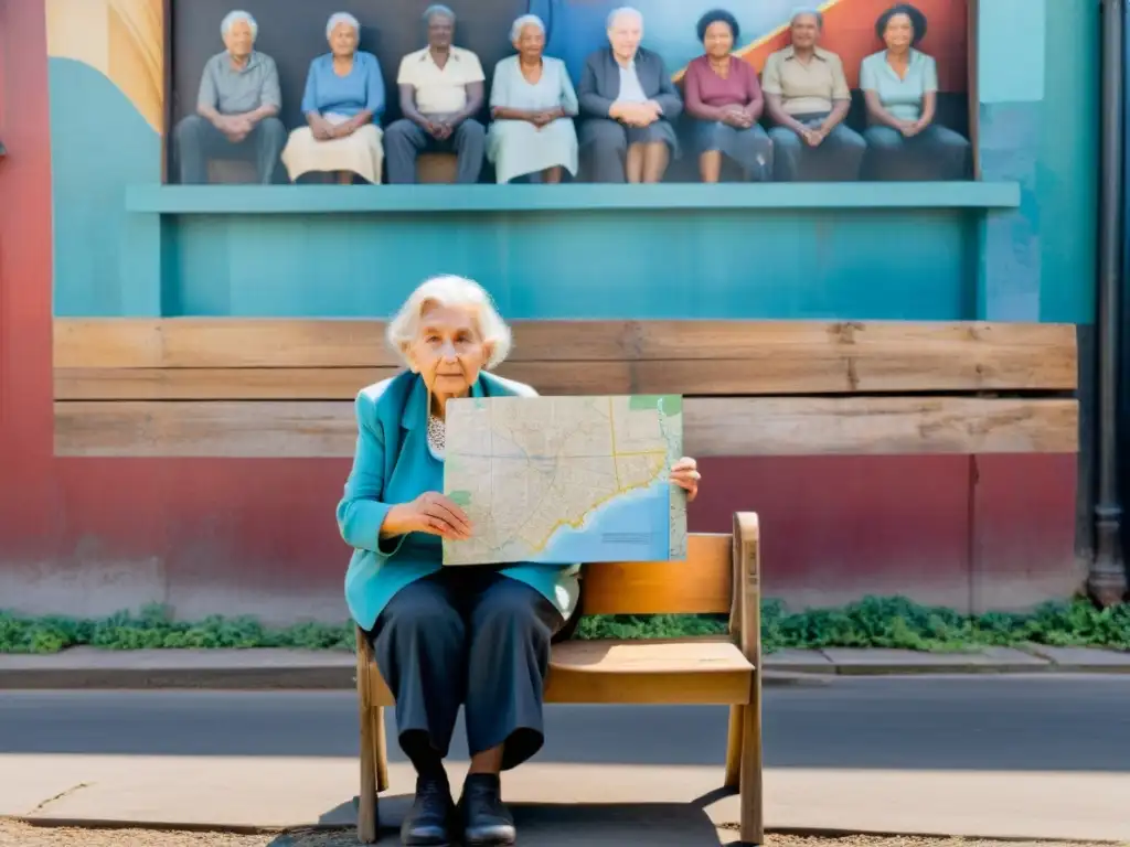 Una anciana sostiene una fotografía descolorida, frente a un mural que representa la lucha y el triunfo