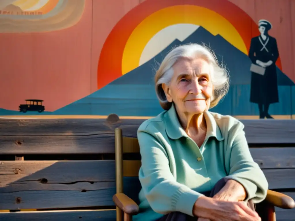 Una anciana se sienta frente a un mural, sosteniendo una fotografía