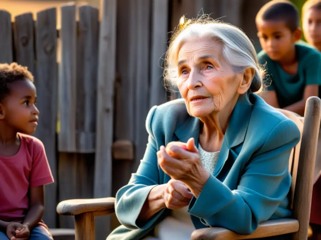 Una anciana cuenta historias a niños, enseñando derechos humanos a través de relatos conmovedores al atardecer