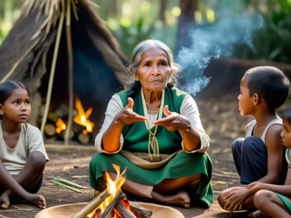 Una anciana indígena transmite sabiduría ancestral a niños alrededor del fuego en la selva, creando un ambiente de educación y conexión generacional