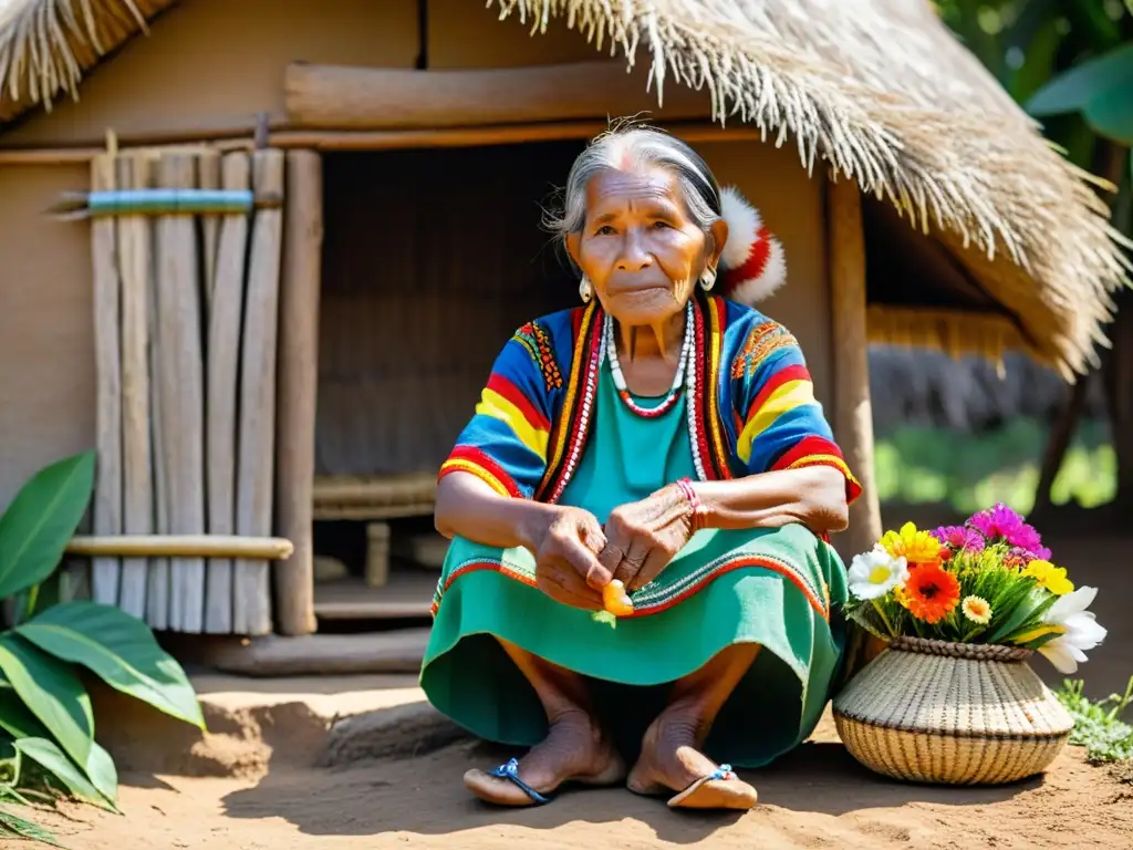 Una anciana indígena teje una hermosa cesta frente a su choza, rodeada de exuberante vegetación