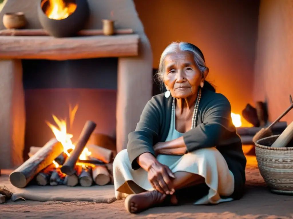 Una anciana indígena junto al fuego, rodeada de artesanías y artefactos tradicionales