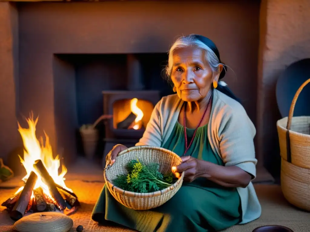 Una anciana indígena prepara medicina tradicional junto al fuego, con hierbas recién recolectadas