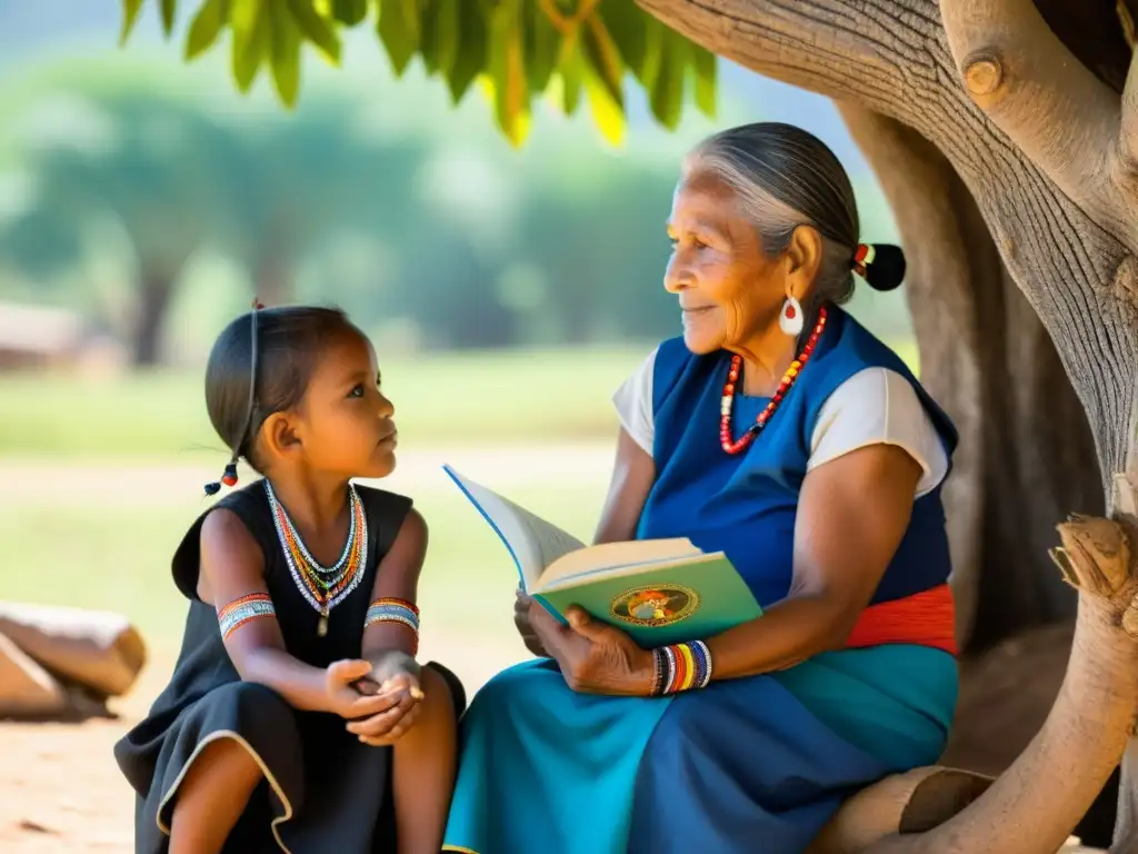 Una anciana indígena y un niño leen juntos bajo un árbol, preservando identidad y cultura educación