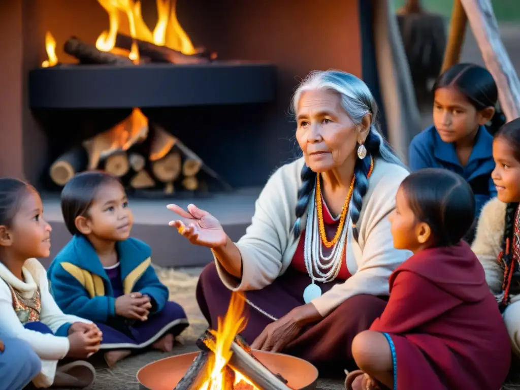 Una anciana indígena comparte sabiduría ancestral con niños alrededor del fuego en el bosque