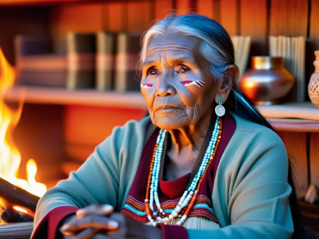 Una anciana indígena comparte sabiduría junto al fuego, rodeada de jóvenes oyentes