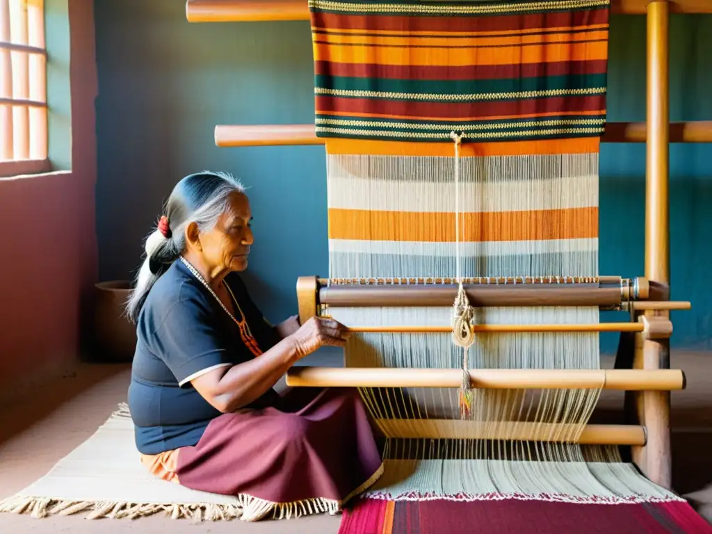 Una anciana indígena teje hábilmente en un telar tradicional, transmitiendo sabiduría ancestral a una joven