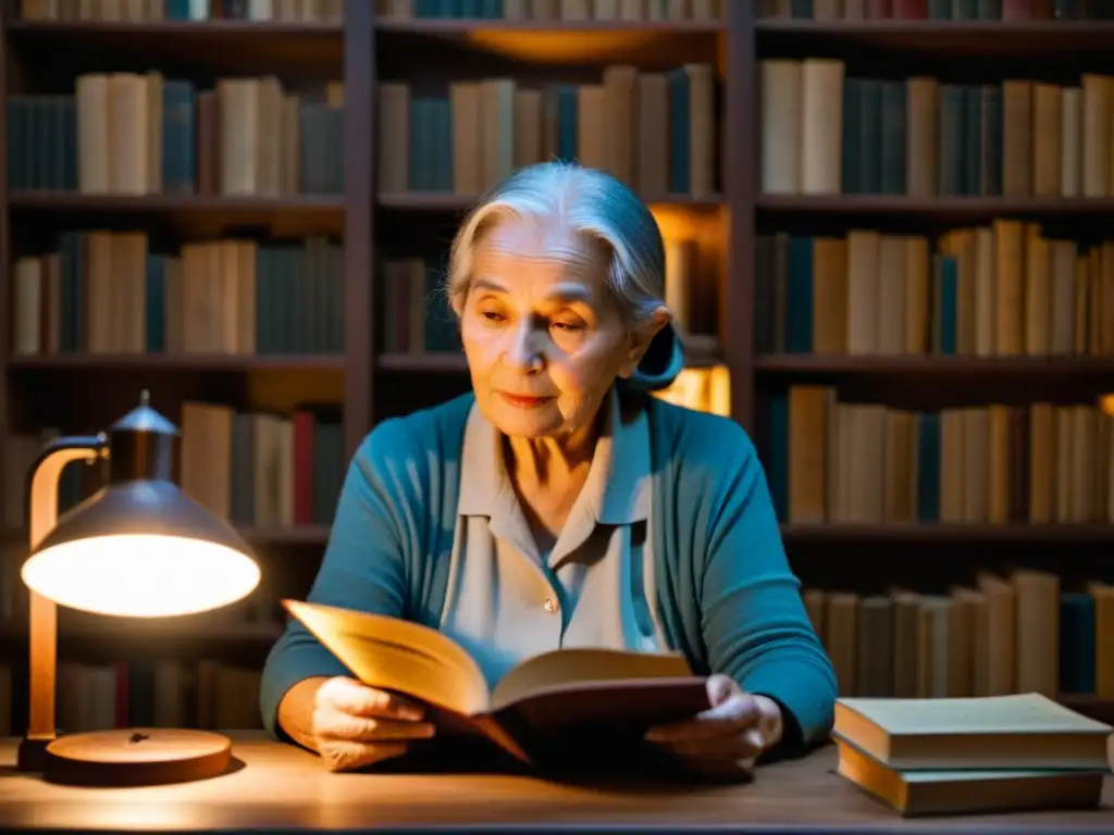 Una anciana lee un libro antiguo en una habitación iluminada por una lámpara de escritorio