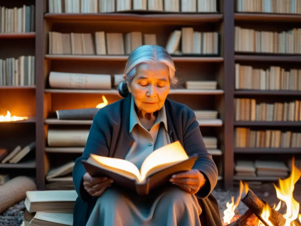 Una anciana lee un libro antiguo junto al fuego